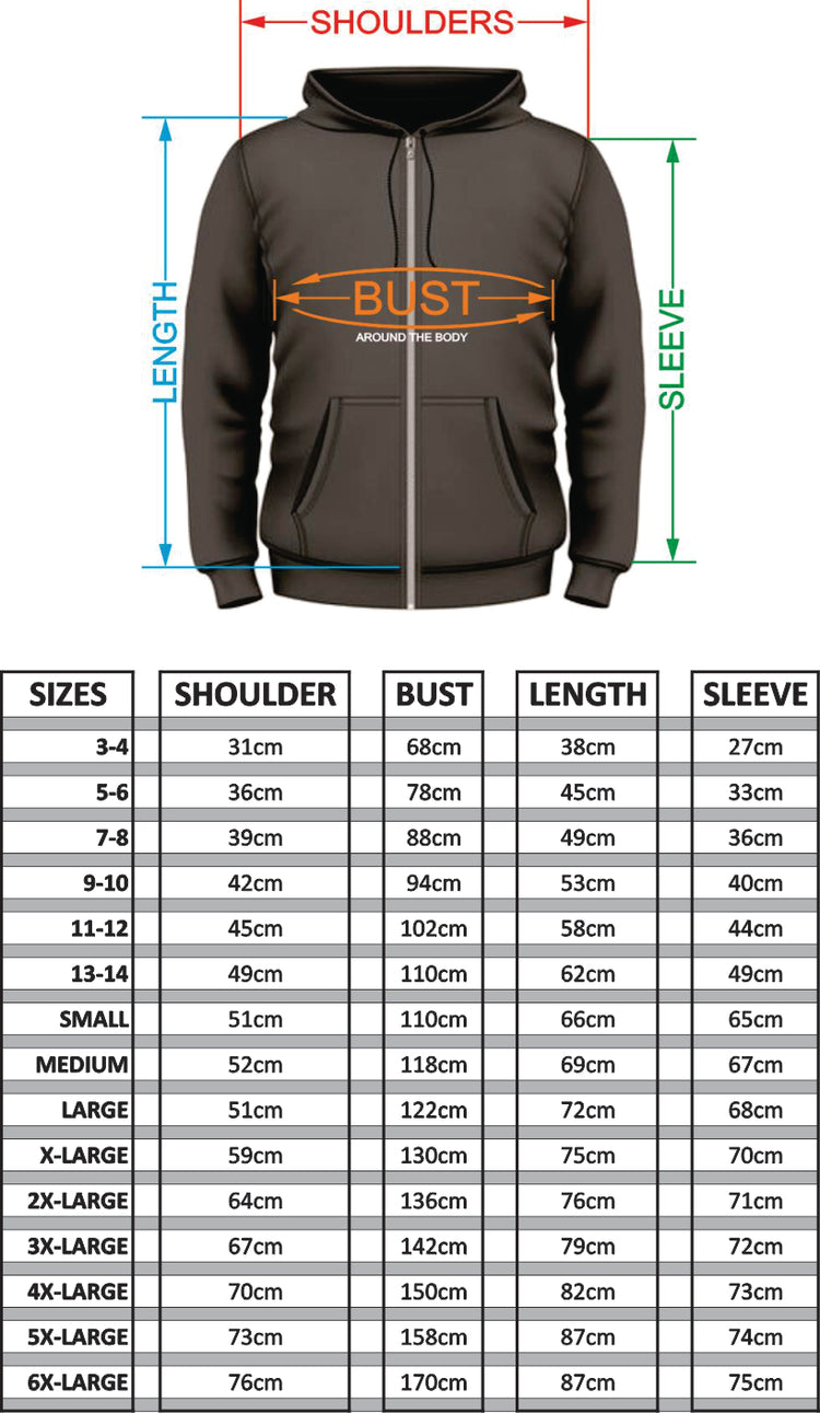 Size chart showing how each size measures